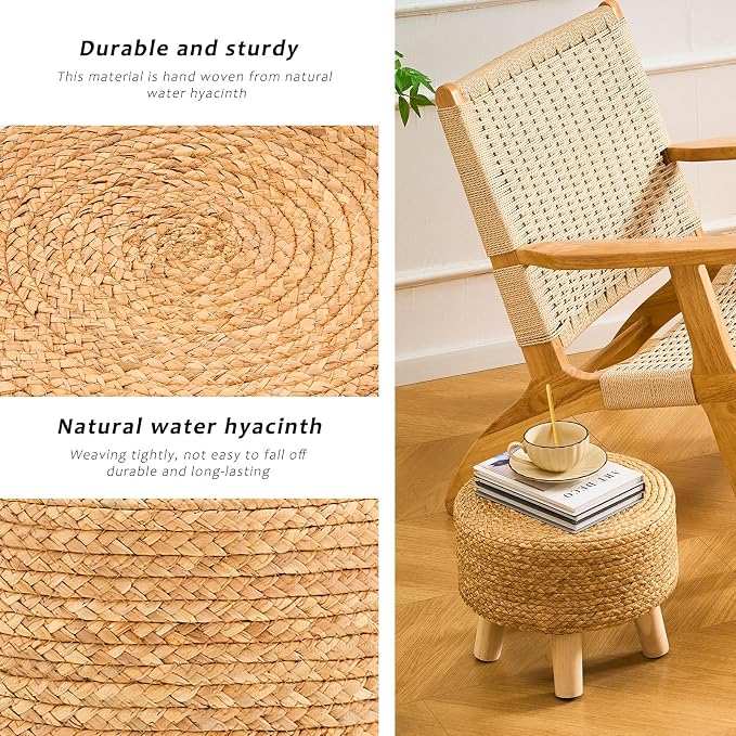 Handwoven Round Ottoman, Natural Water Hyacinth Outdoor Patio Pouf Seagrass Low - Image 4