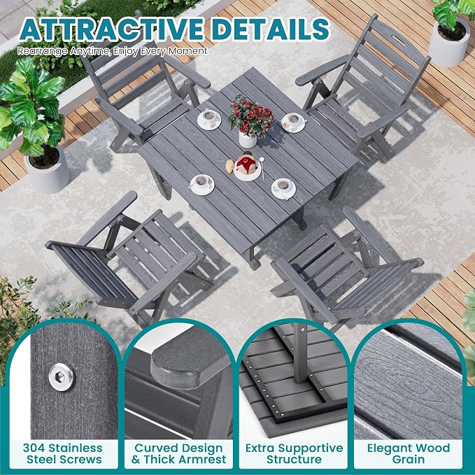 5-Piece Outdoor Dining Set, No-Assembly Foldable Chairs, All-Weather HDPE - Image 8
