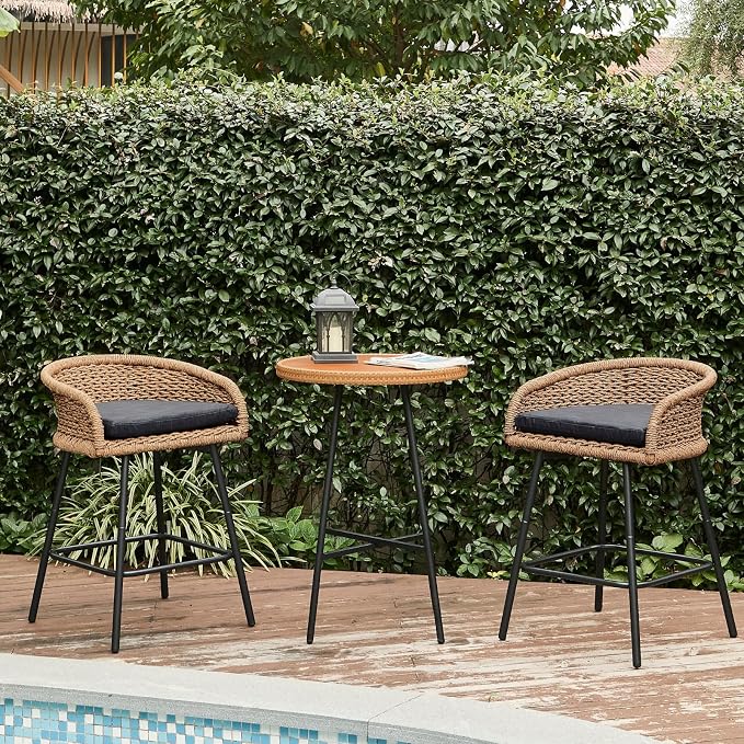 25" Outdoor Counter Height Bar Stools Set of 2, Modern Patio Wicker Bar Chairs - Image 3