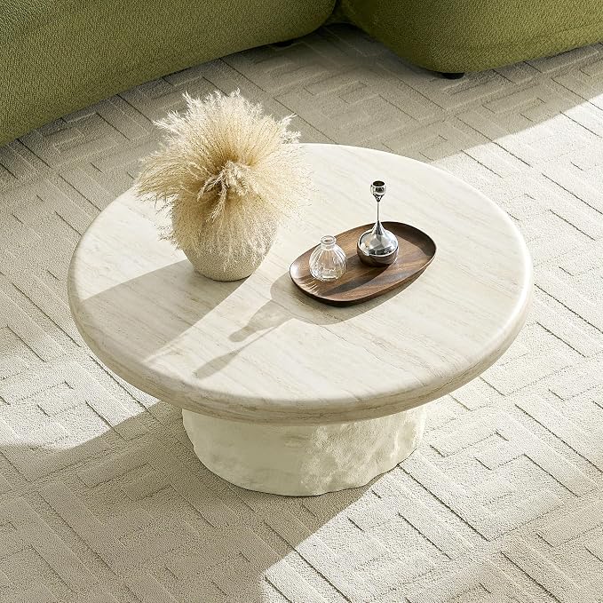 Round Coffee Table, 35.04" Fiberglass Imitation Stone Table Cement Rock Center by JURMALYN