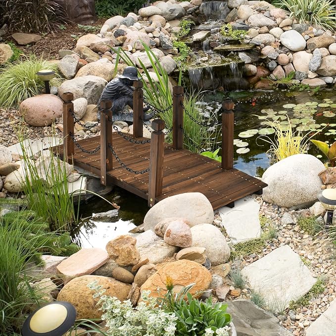 Tangkula 5 FT Wooden Garden Bridge, Arc Footbridge w/Safe Chain Railings - Image 2