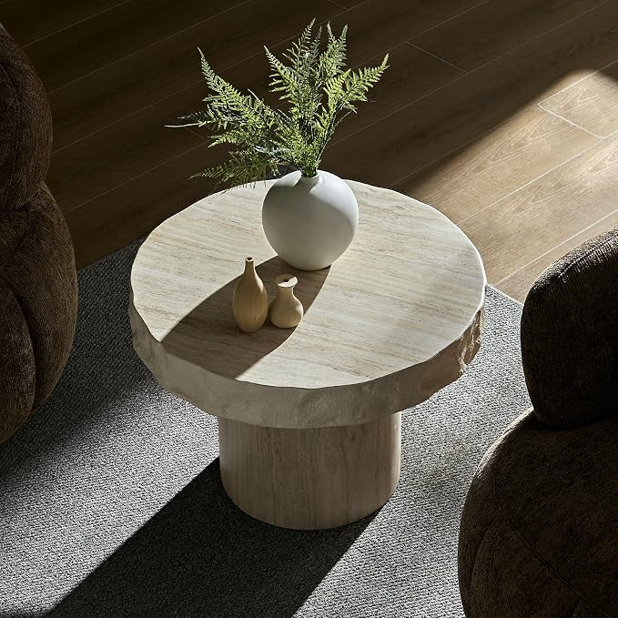 23.82" Round Side Table Small Coffee Table Faux Marble Pattern End Table Cement - Image 6
