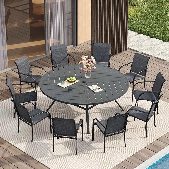 VICLLAX Patio Table and Chair Set of 10, All Weather Metal Round Outdoor Dining by HOME