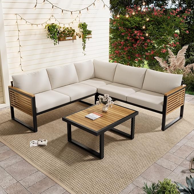 Outdoor Patio Furniture Set, 4-Piece Acacia Wood and Metal Patio Sofa Corner Set by JIVOIT