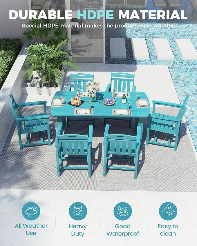 Ciokea HDPE Outdoor Dining Set, 7-Piece Patio Table and Chairs Set - Image 2