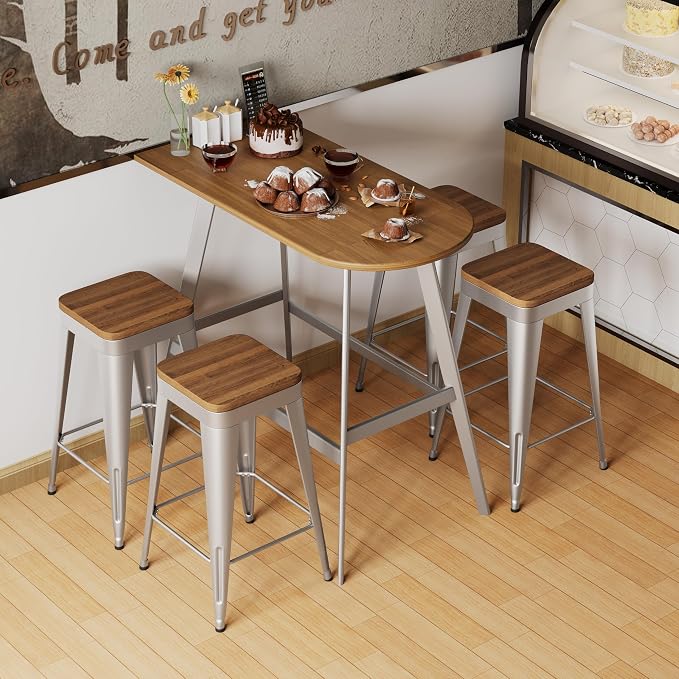 Bar Stools Set of 2 Metal Bar Stool Counter Height Bar Stools Sliver, Modern - Image 2