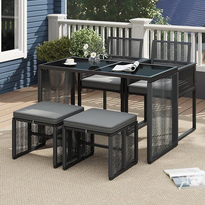 Tangkula 5 Pieces PE Wicker Patio Dining Set, Outdoor Conversation Set - Image 2