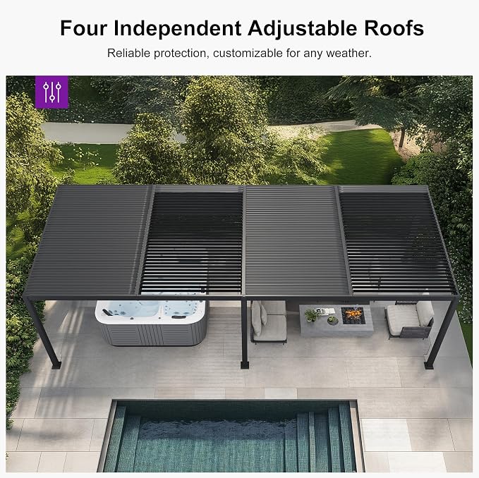 PURPLE LEAF Louvered Pergola w/Light 11' x 28' Aluminum Outdoor Pergola - Image 7