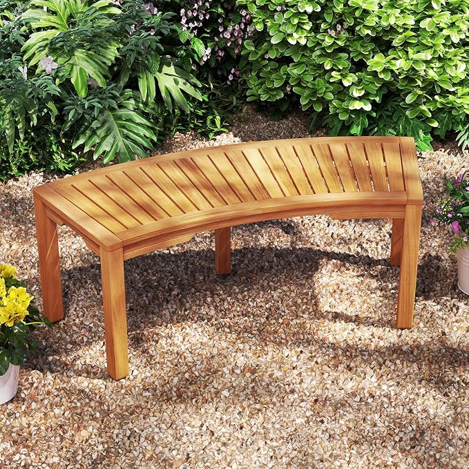 Tangkula Outdoor Curved Bench, Acacia Wood Fire Pit Bench w/Slatted Seat - Image 2