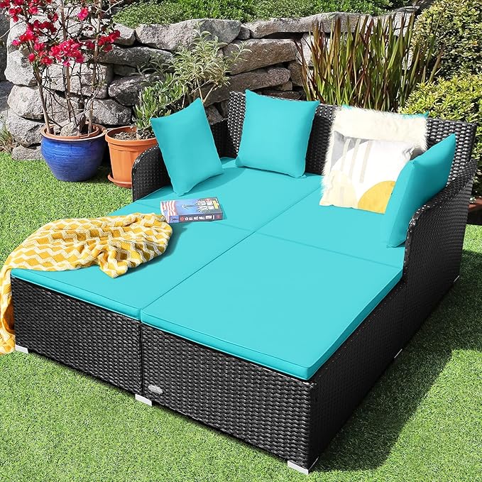 HAPPYGRILL Outdoor Rattan Daybed Patio Loveseat Sofa Set - Image 4