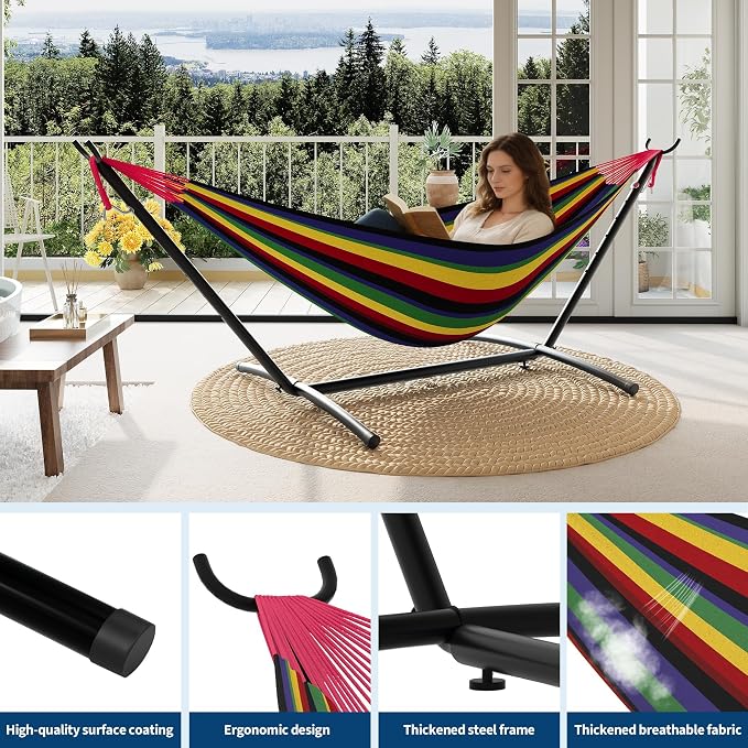 Double Hammocks with Stand for Outside, Portable Space Saving Heavy-Duty Steel - Image 3