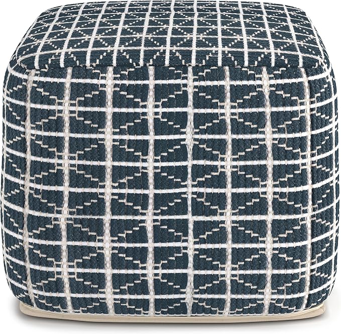 SIMPLIHOME Noreen Boho Square Pouf in Dark Blue and White Handloom Woven Pattern - Image 4
