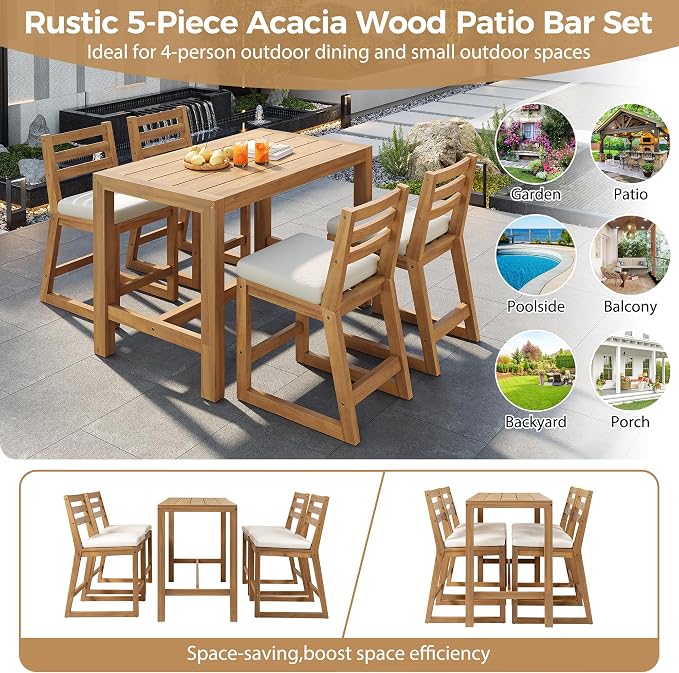 Merax 5-Piece Outdoor Patio Bar Set, Acacia Wood Bistro Table and Chairs - Image 6