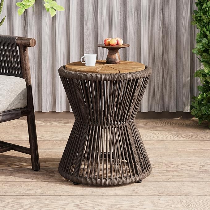 Scott Living Nara 18.9" Acacia Wood Outdoor Side Table, Metal Frame+Woven Rope - Image 3
