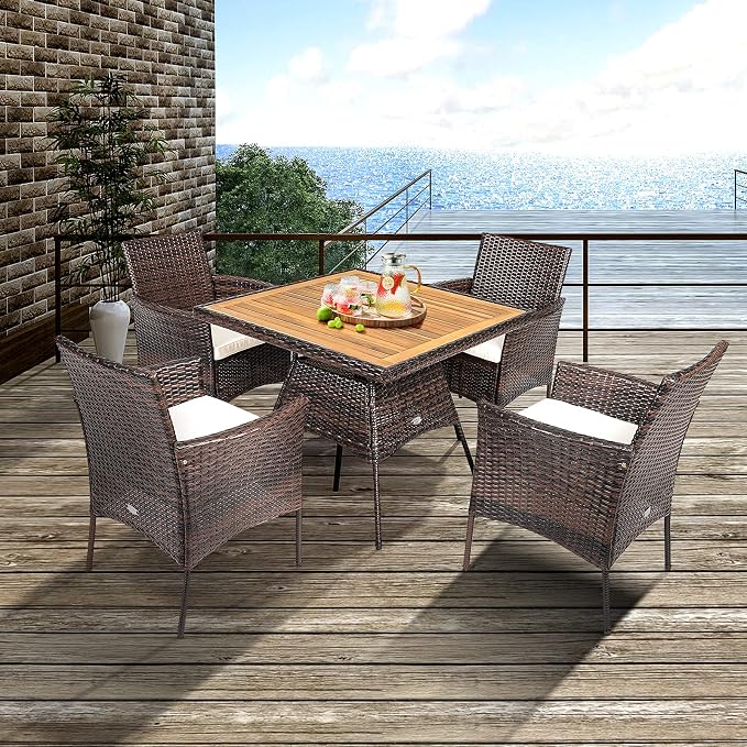Tangkula 5 Pieces Wicker Patio Dining Set, Outdoor Acacia Wood Dining Furniture - Image 3