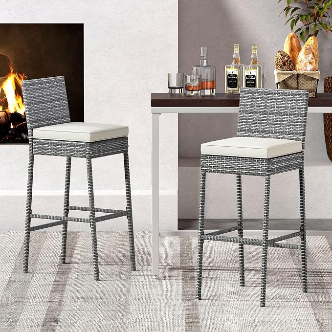 Tangkula Set of 2 Patio Wicker Barstools, Outdoor Bar Height Chair w/Soft Seat - Image 2