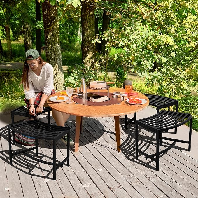VINGLI Outdoor Metal Curved Bench, Weatherproof Fire Pit Bench Set of 4 - Image 2