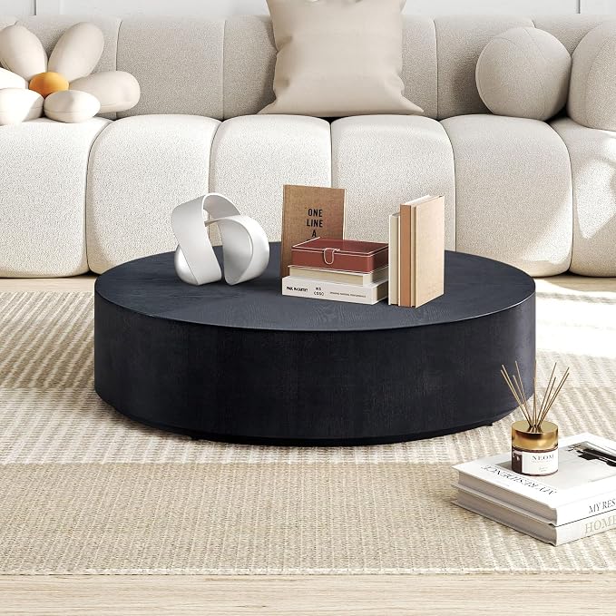 Black Round Coffee Table for Living Room Modern Drum Coffee Table Wood Circle - Image 3