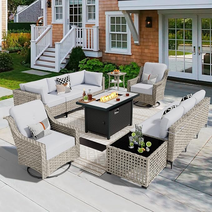11 Pieces Outdoor Patio Furniture Set, Rattan Wicker Sectional Swivel Rocker by CAODOCPatioFurniture