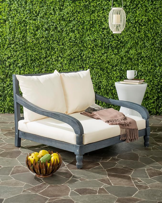SAFAVIEH Outdoor Collection Pomona Ash Grey Solid Wood/Beige Lounger Bench Sofa - Image 2
