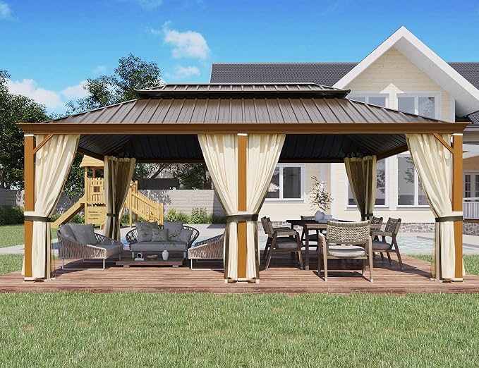 YOLENY 12'x20' Hardtop Gazebo, Wood Grain Aluminum Frame Pergola - Image 8