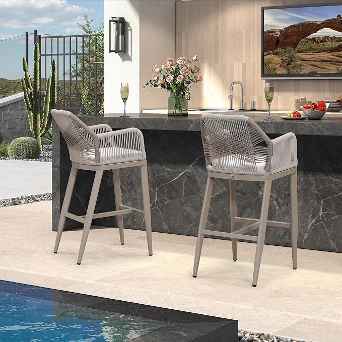 PURPLE LEAF Patio Bar Height Stool 28" H Boho 1 Piece Rattan Aluminum Tall Bar - Image 3