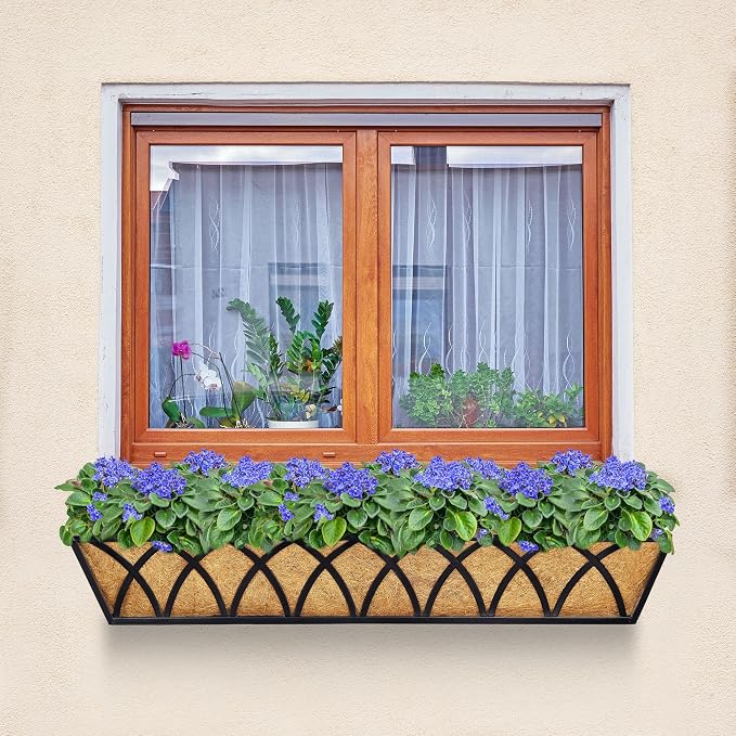 30 Inch Window Deck with Coco Liner Set of 2, Metal Hanging Flower Planter - Image 6