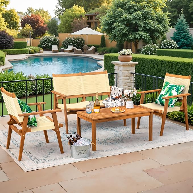 Devoko 4 Pieces Acacia Wood Patio Conversation Sets, Patio Furniture Set - Image 7