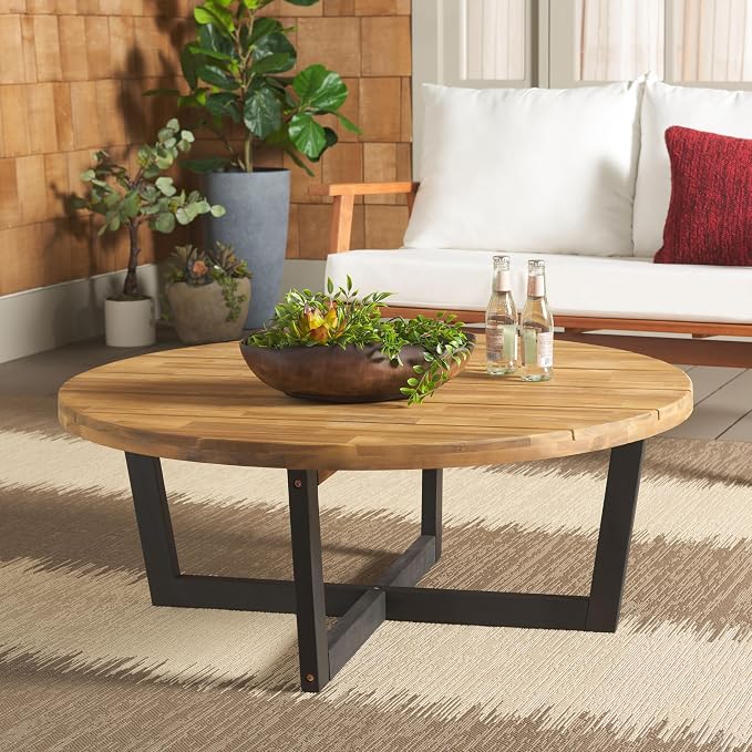 SAFAVIEH Outdoor Collection Leo Natural/Black 4-Leg Round Coffee Table - Image 9