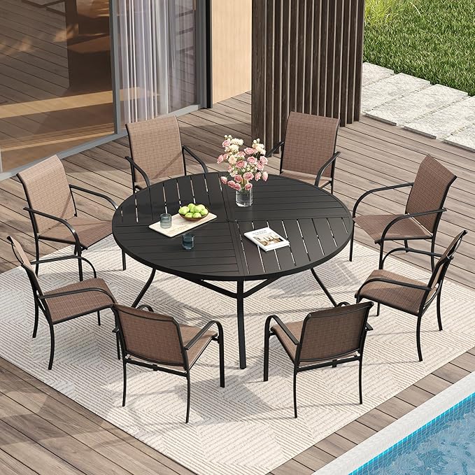 VICLLAX Patio Table and Chair Set of 8, All Weather Metal Round Outdoor Dining by HOME