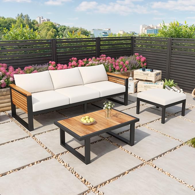 Patio Furniture Set, Outdoor 3-Piece Acacia Wood and Metal Patio Sofa Set - Image 2