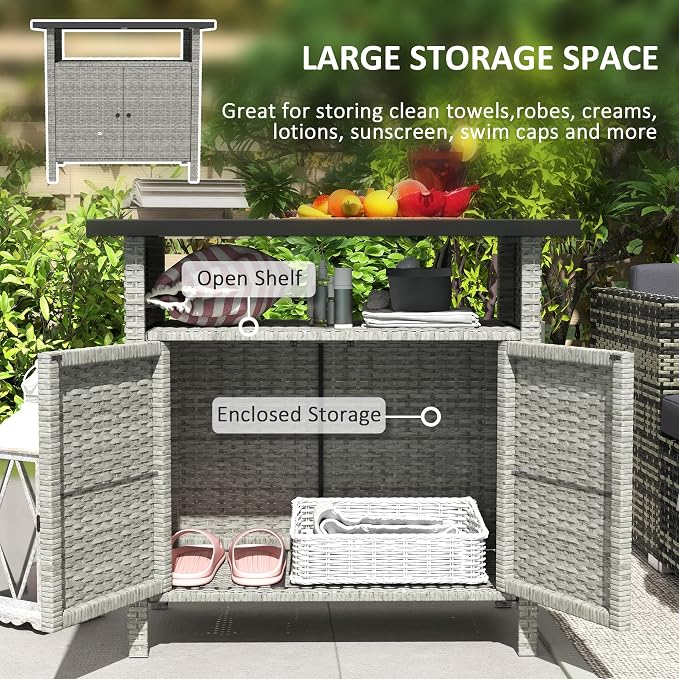 Outsunny Wicker Outdoor Storage Cabinet, Rattan Outdoor Bar Table - Image 3