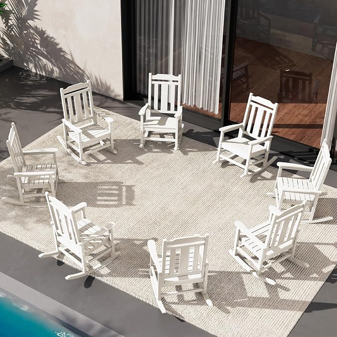 SERWALL HDPE Outdoor Rocking Chair White Set of 8, All Weather Patio Rocking by SERWALL