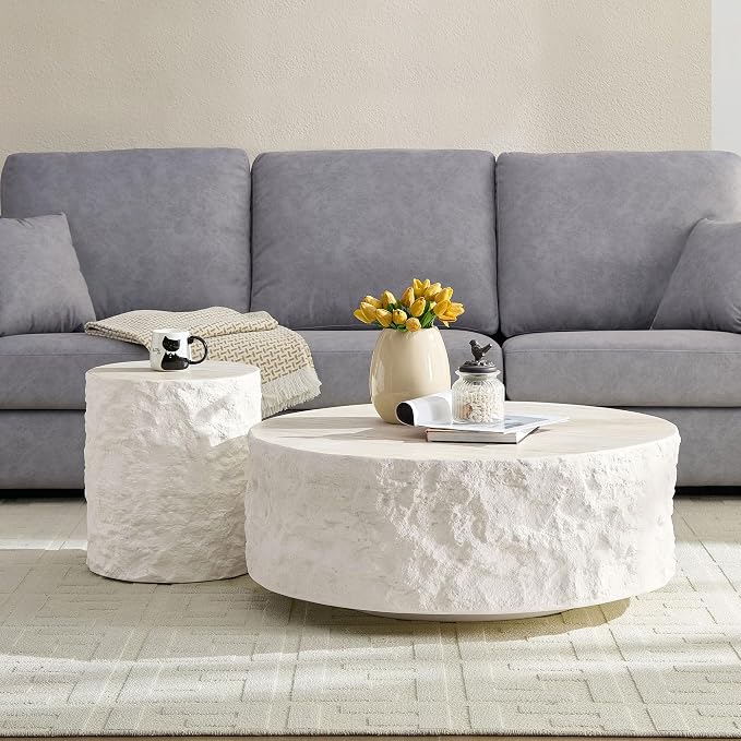 Round Coffee Table Set of 2 for Living Room Modern Drum Center Table Circle by JURMALYN