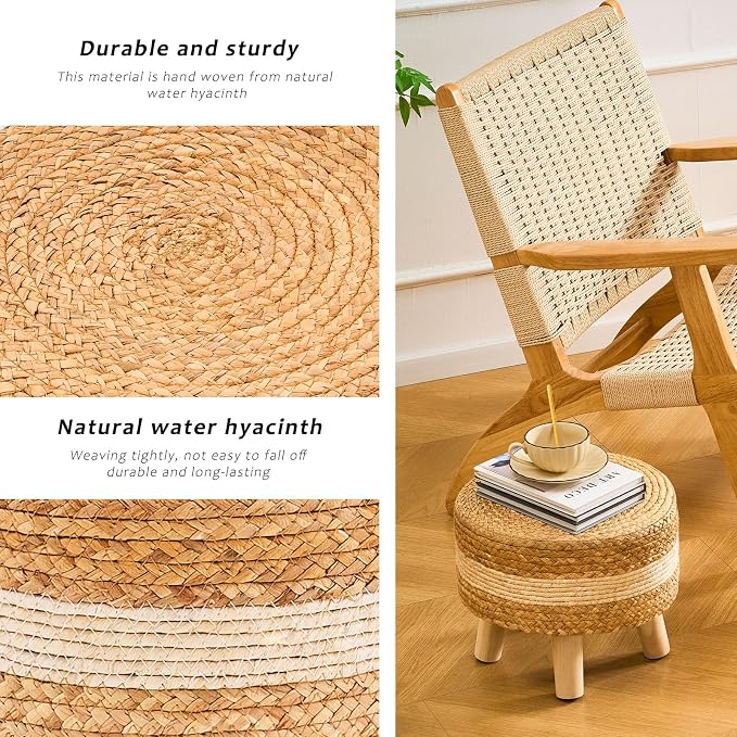 Handwoven Round Ottoman, Natural Water Hyacinth Outdoor Patio Pouf Seagrass Low - Image 6