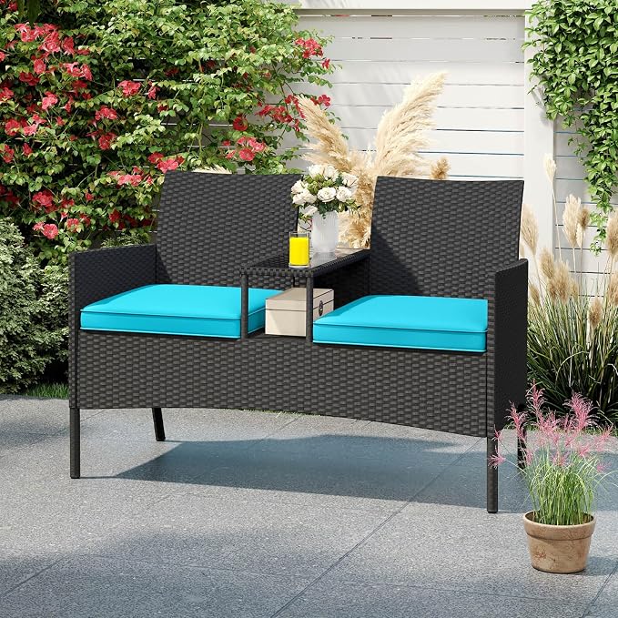 Tangkula Patio Loveseat with Built-in Table, Wicker 2-Seat Furniture with Soft - Image 3