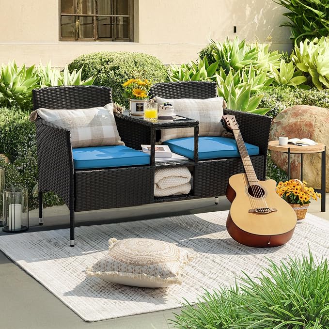 Devoko Outdoor Patio Loveseat Modern Rattan 2-Seat Patio Conversation Set - Image 7