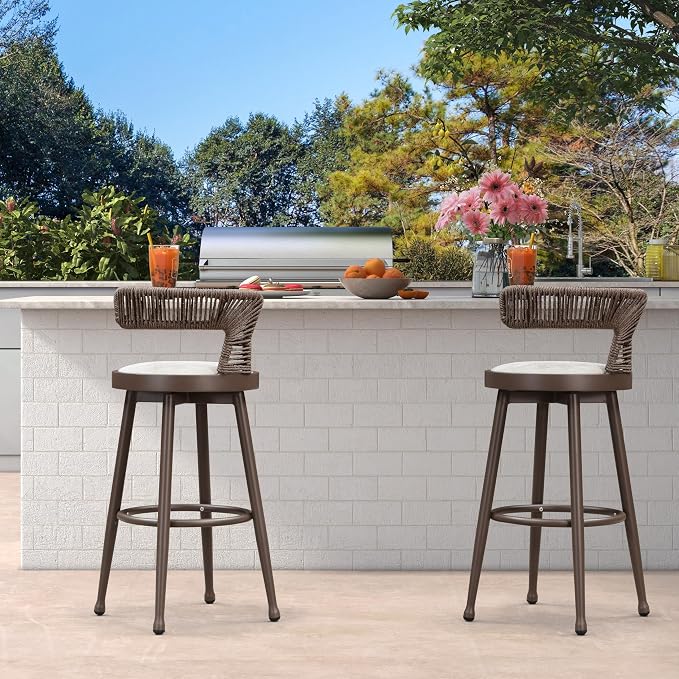PURPLE LEAF Outdoor Swivel Bar Height Stools Set of 4 Metal Modern Wicker Bar - Image 2