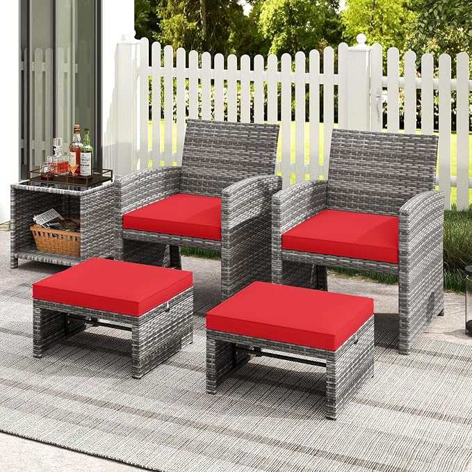 ORALNER Outdoor Ottoman, All-Weather Rattan Foot Stool w/Cushions, Foot Rest - Image 7