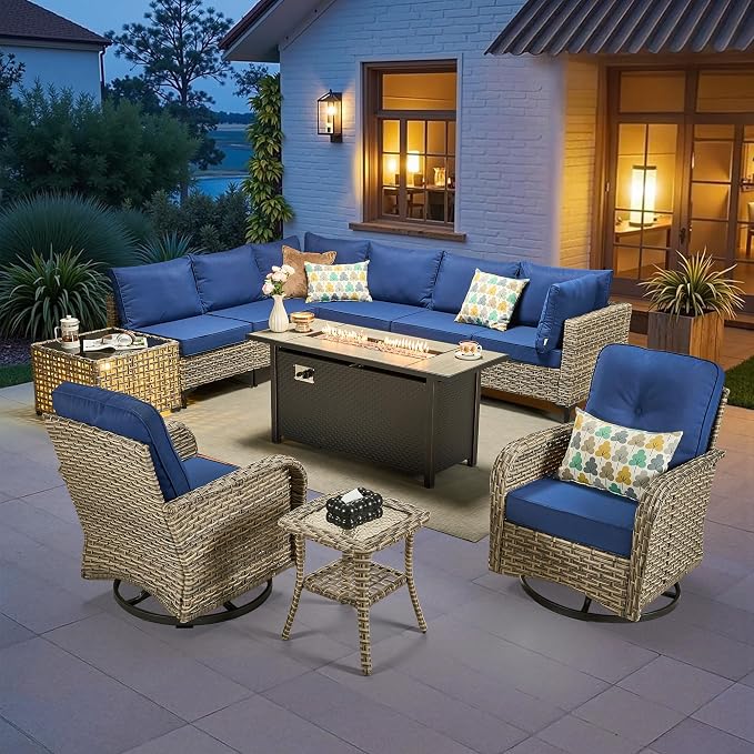 11-Piece Outdoor Sectional Sofa Set w/ 54" Fire Pit – L-Shaped Wicker Patio by CAODOCPatioFurniture