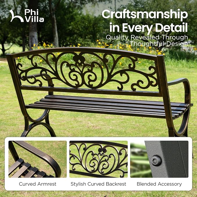 PHI VILLA 50Inch Cast Iron Steel Frame Garden Bench Patio Furniture Chair - Image 9