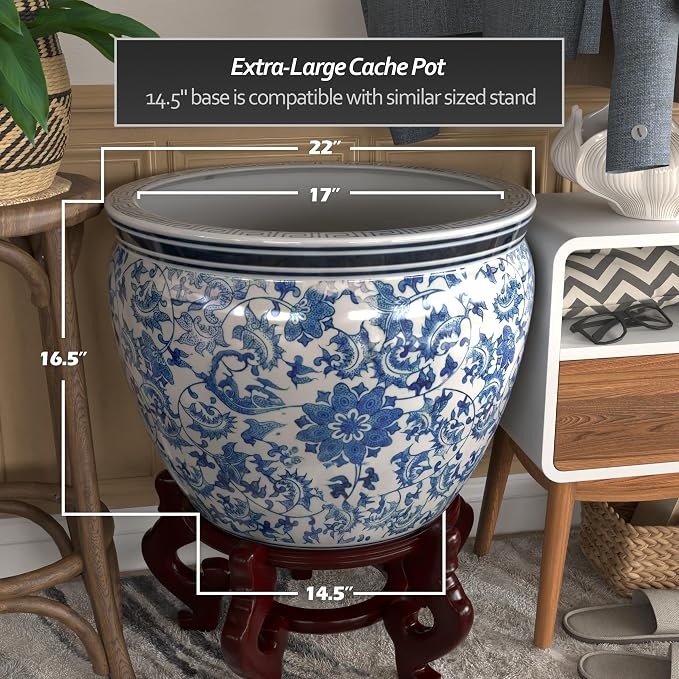Red Lantern Large 22" Porcelain Fishbowl Blue & White Floral Planter - Image 4