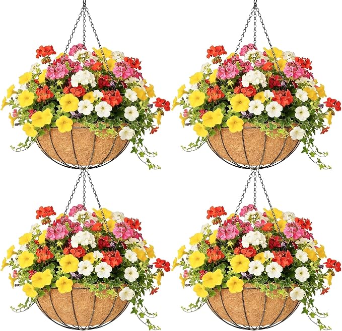 4 Pack 16 Inch Hanging Planters Outdoor Metal Hanging Flower Baskets by Qusuxi