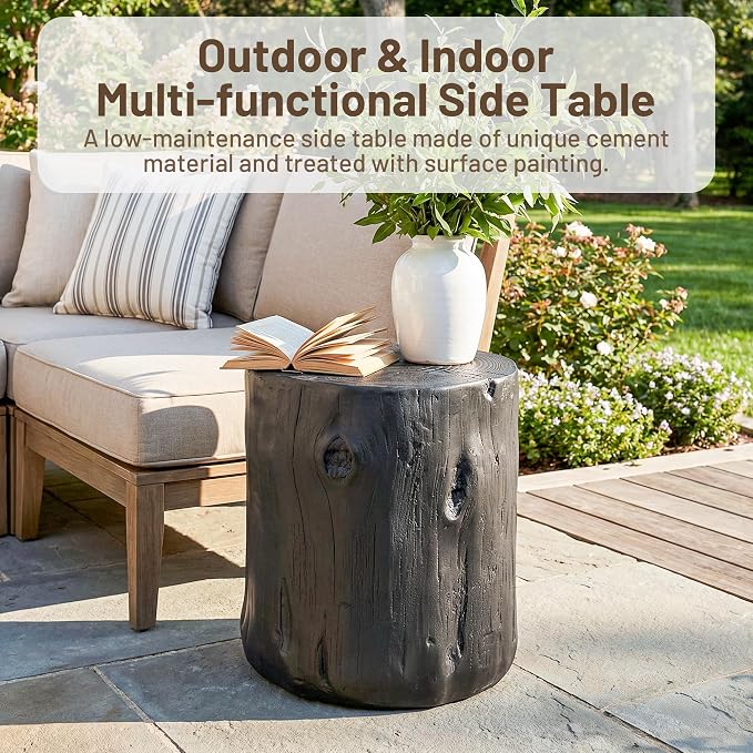 COSIEST Outdoor End Table Black Colored Faux Wood, Hand-Painted Wood Stump Stool - Image 6