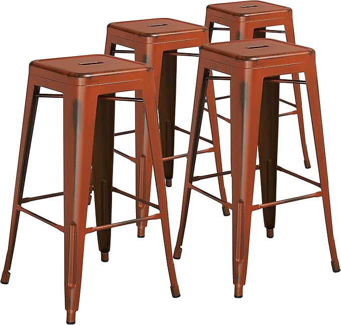 Flash Furniture Kai Commercial Grade 4 Pack 30" High Backless Distressed Orange by FlashFurniture