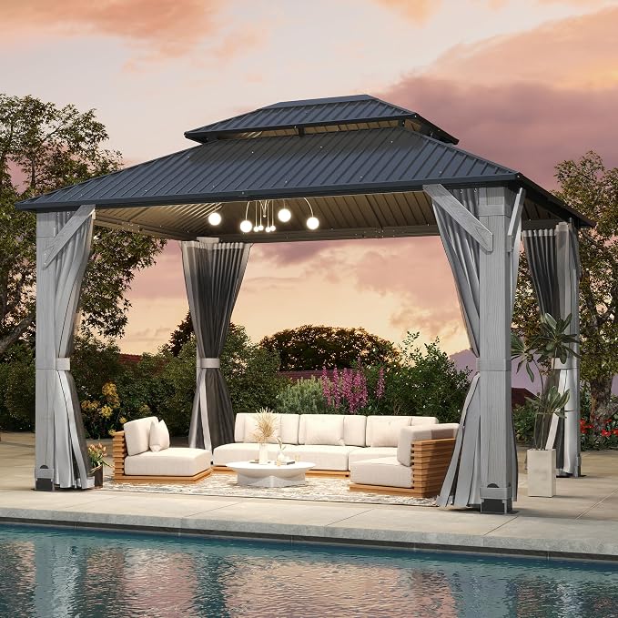 10'x12' Hardtop Wood Gazebo, Outdoor Double Roof Galvanized Steel Top Gazebo by 10x10FTHardtopWoodGazebo