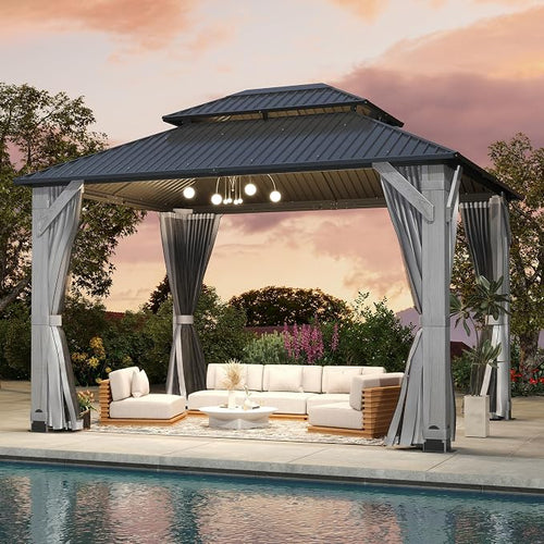 10'x12' Hardtop Wood Gazebo, Outdoor Double Roof Galvanized Steel Top Gazebo by 10x10FTHardtopWoodGazebo