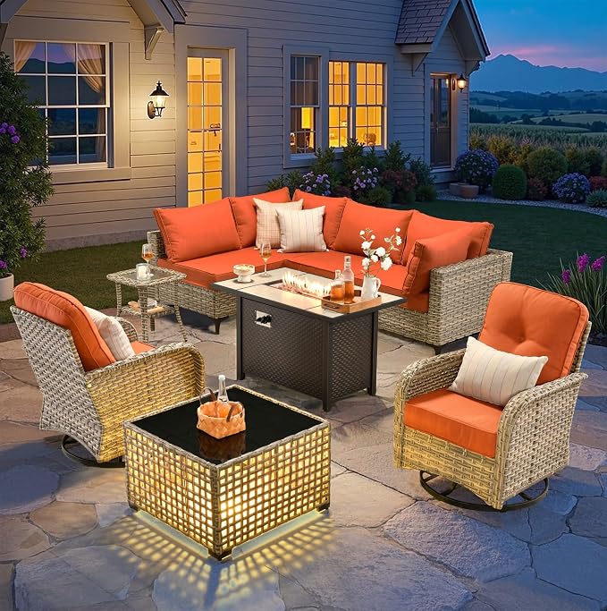 9-Piece Outdoor Sectional Sofa Set w/ 42" Fire Pit – L-Shaped Wicker Patio by CAODOCPatioFurniture
