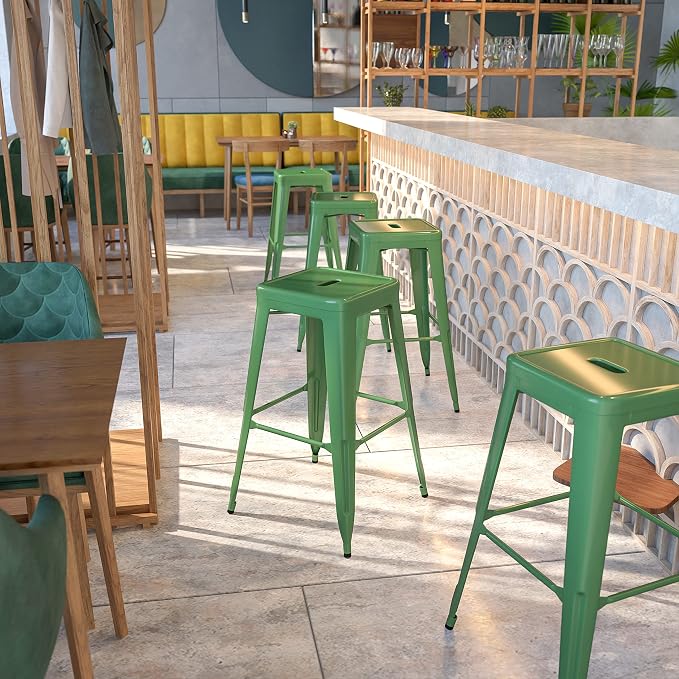 Flash Furniture Commercial Grade 30" High Backless Green Metal Indoor-Outdoor - Image 2