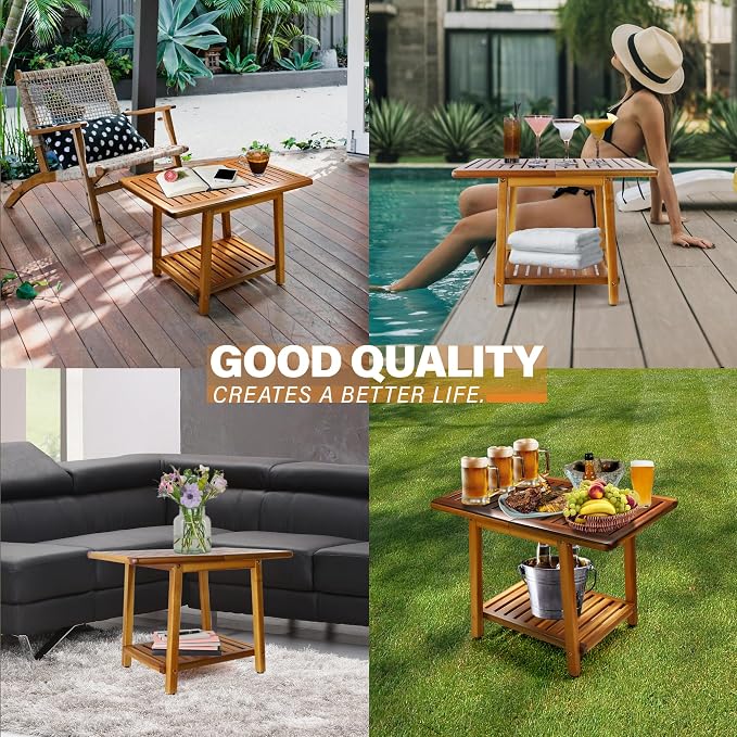 ENKEZI Acacia 24 Inches Outdoor Side Table, 2-Tier Sturdy Patio, End Table - Image 6